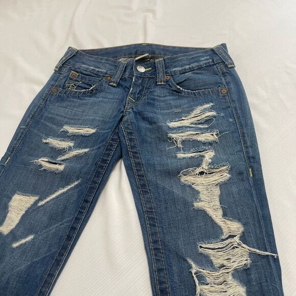 True Religion Destroyed Cut Off Y2K Denim Capri Cropped Shorts Size 28 - Picture 3 of 10